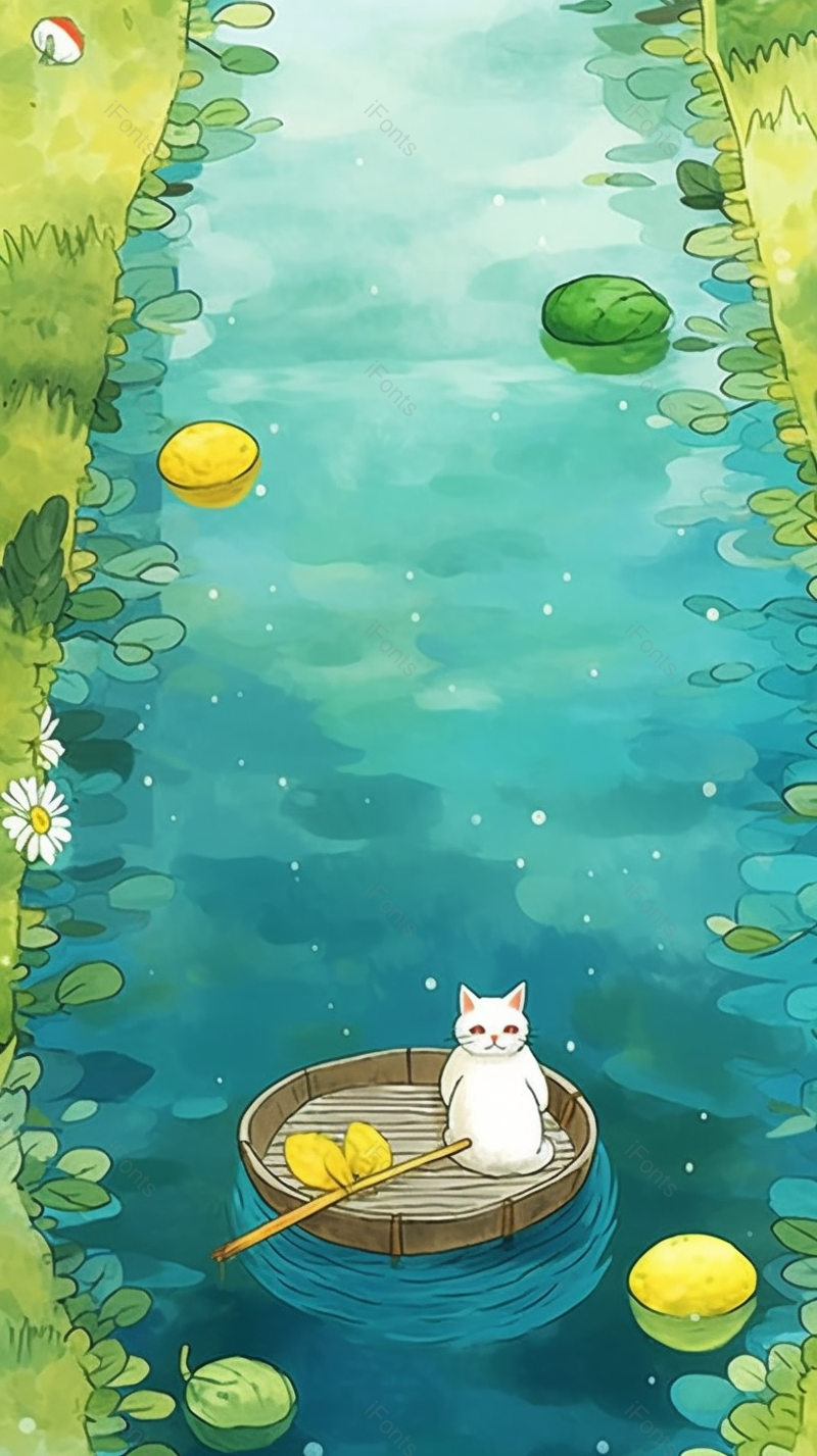 夏天夏日荷塘上漂浮的木盆与小白猫创意手绘插画,插画/手绘图,插画/手绘图库,插画/手绘图下载,插画/手绘